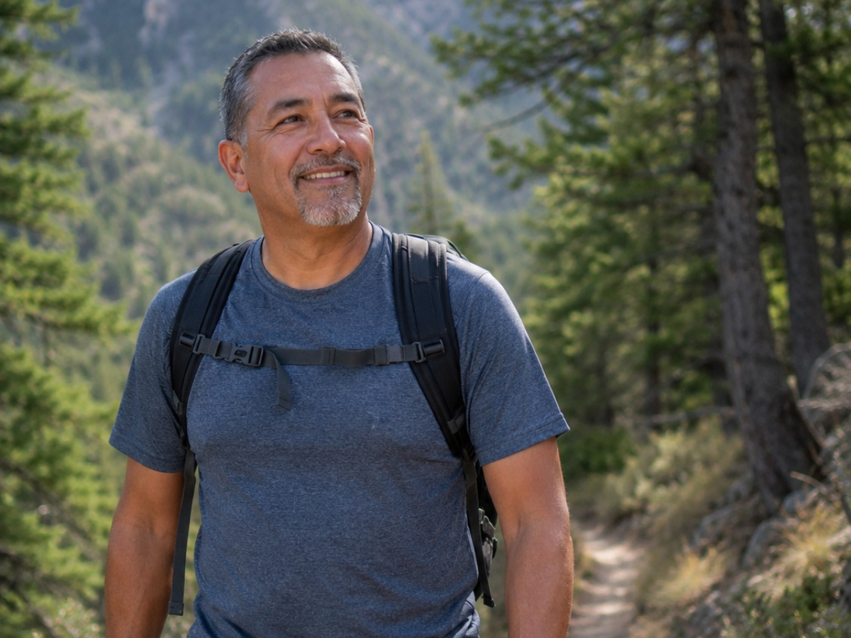 Vital, healthy man in his 50s outdoors, hormone therapy and healthy aging